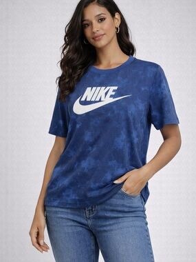 Nike Women's Navy Blue Tie-Dye Logo Tee